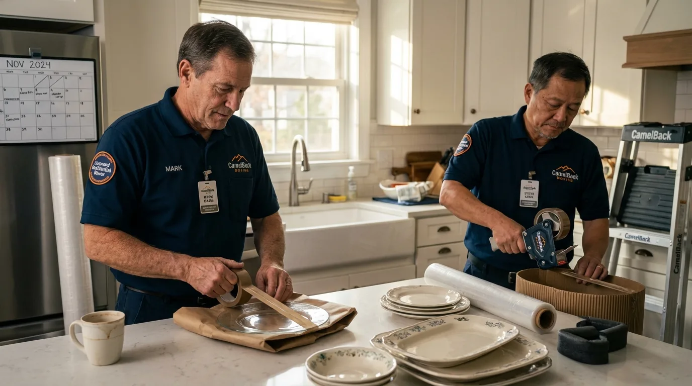 Professional crew packing kitchen dishware in Beulaville, NC